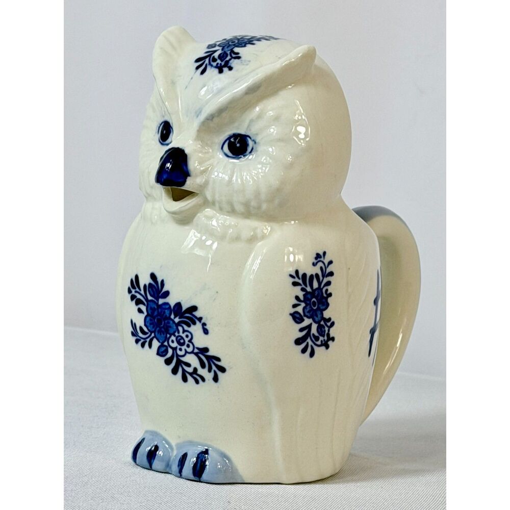Ceramic Owl Creamer Blue And White Figure JSNY Vtg Bird Lover Kitchen Country